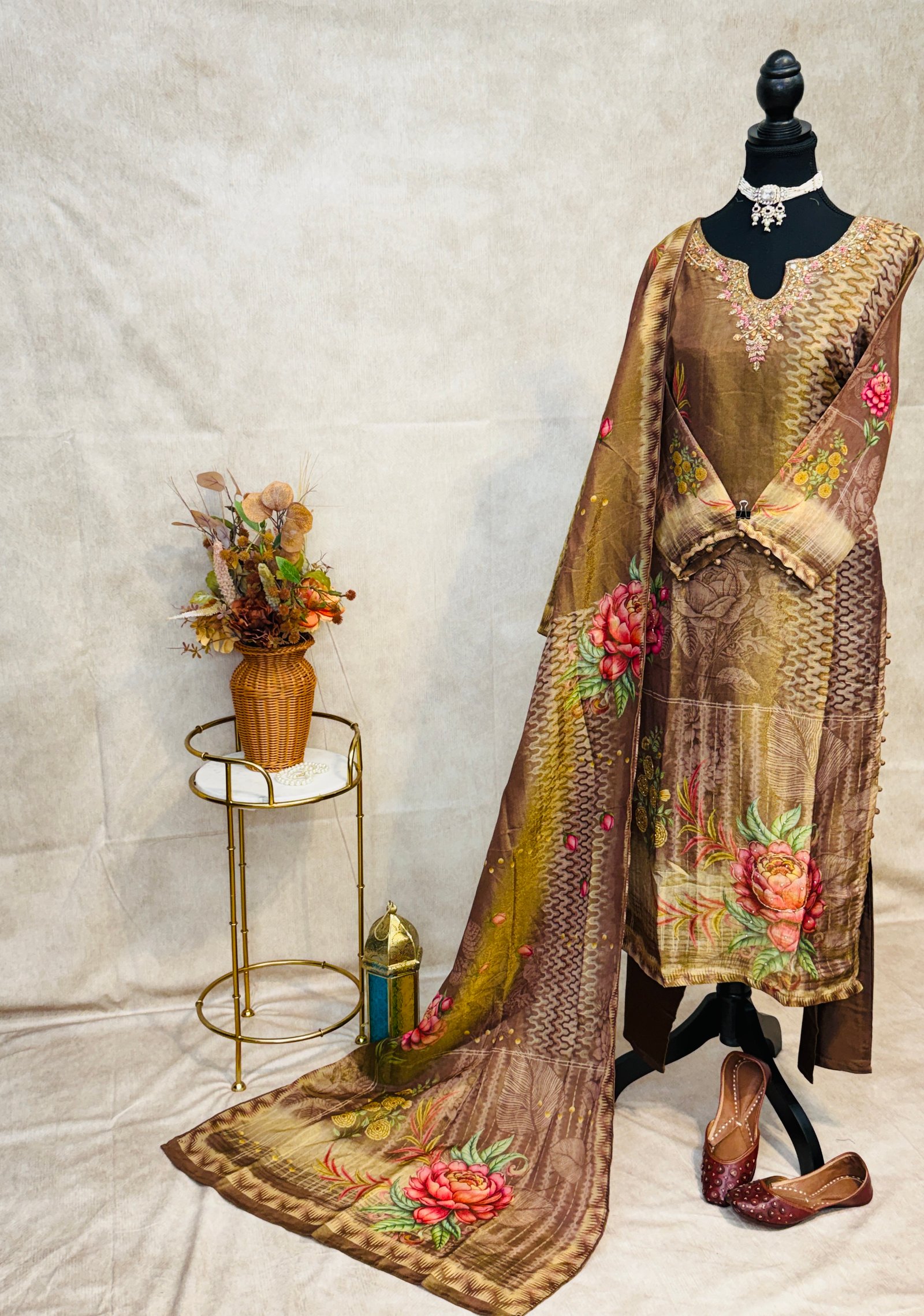 Pure Shimmer Organza Suit with Hand Embroidery on Neck